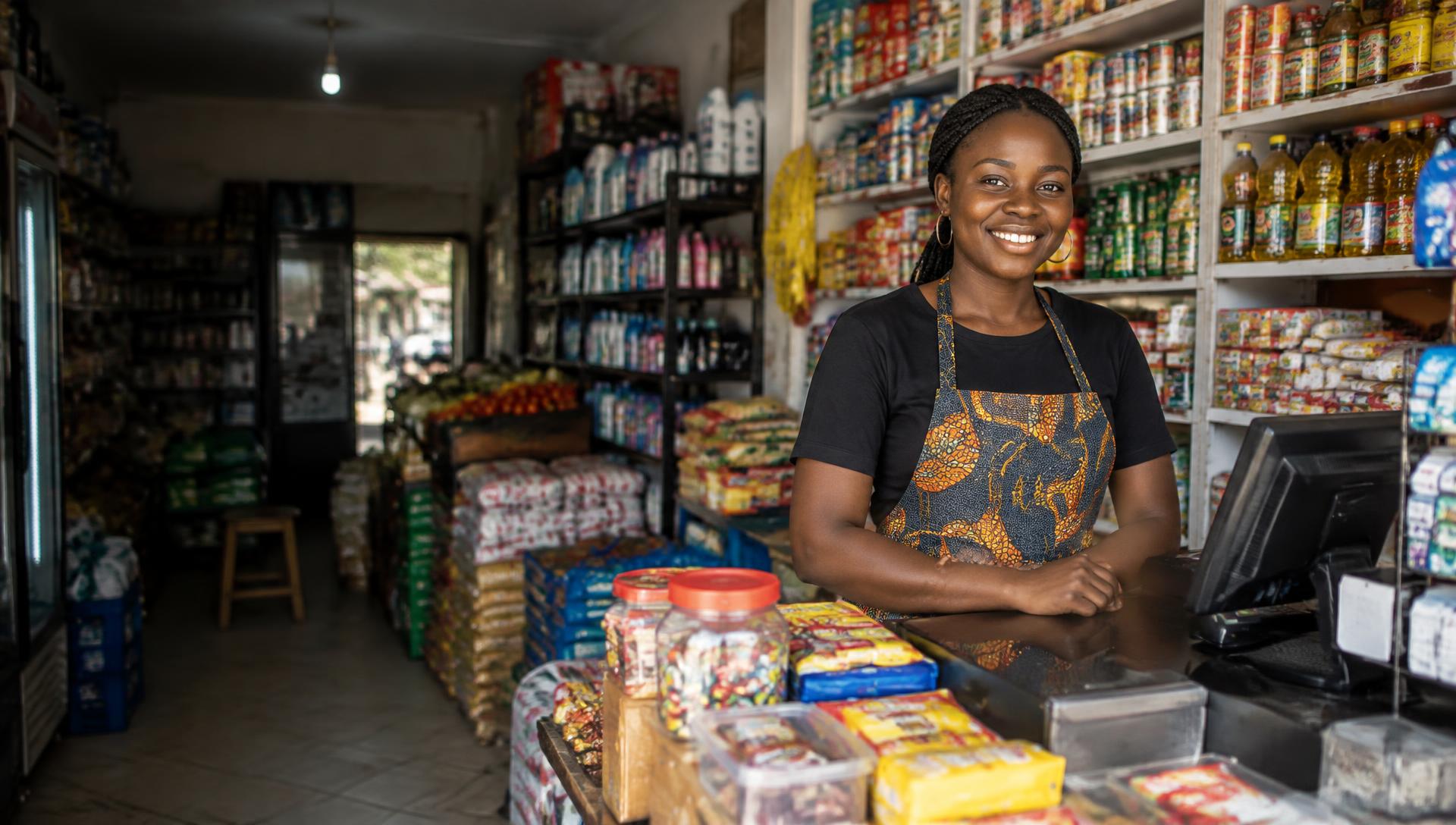 A Nigerian shop owner behind her counter
